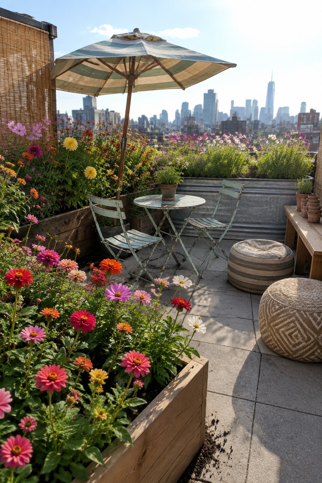 A striped patio umbrella shades a small table and chairs beside flower-filled raised beds on a city rooftop.