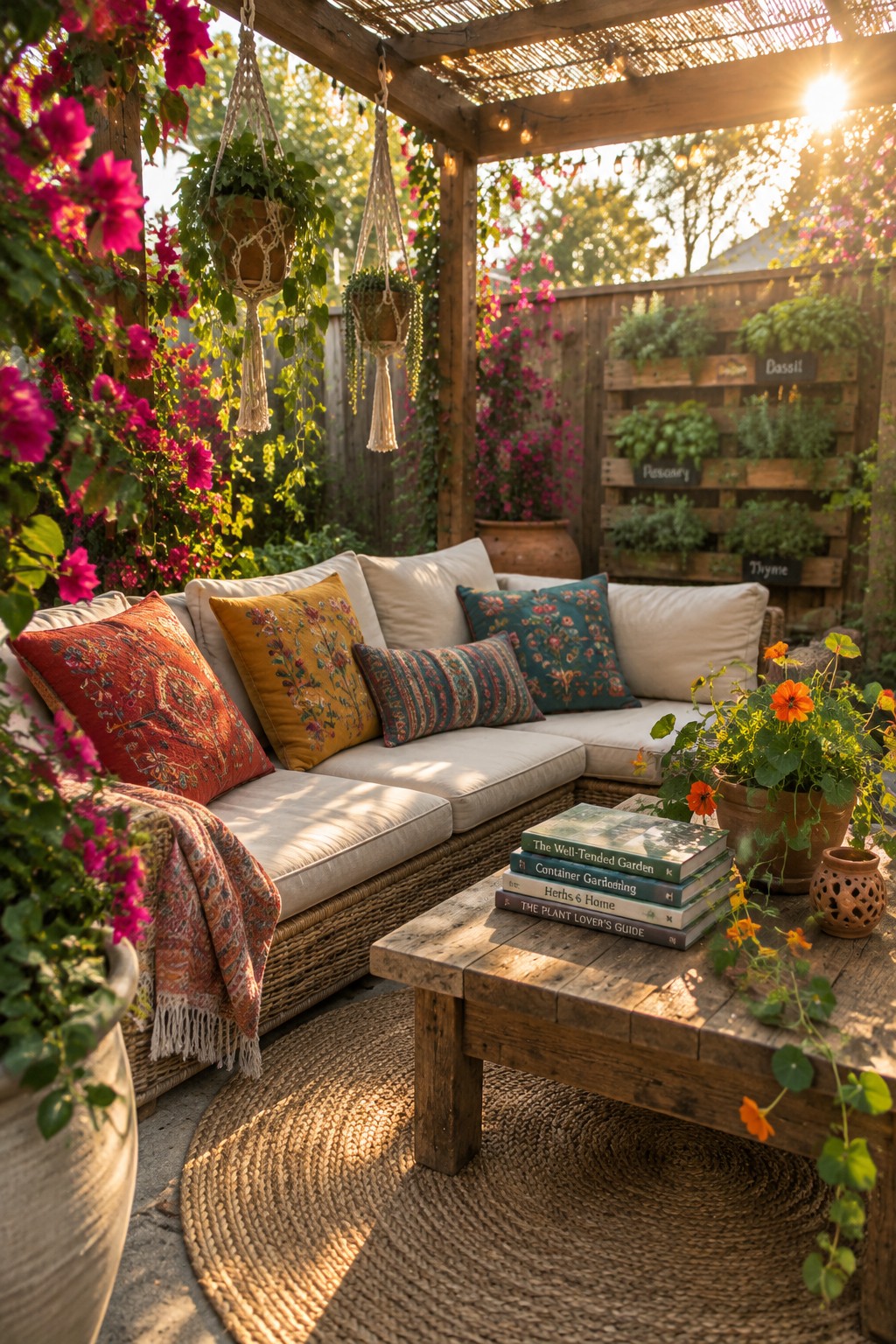 A cushioned wicker patio sofa with colorful pillows sits beside flowering plants under a wooden pergola.