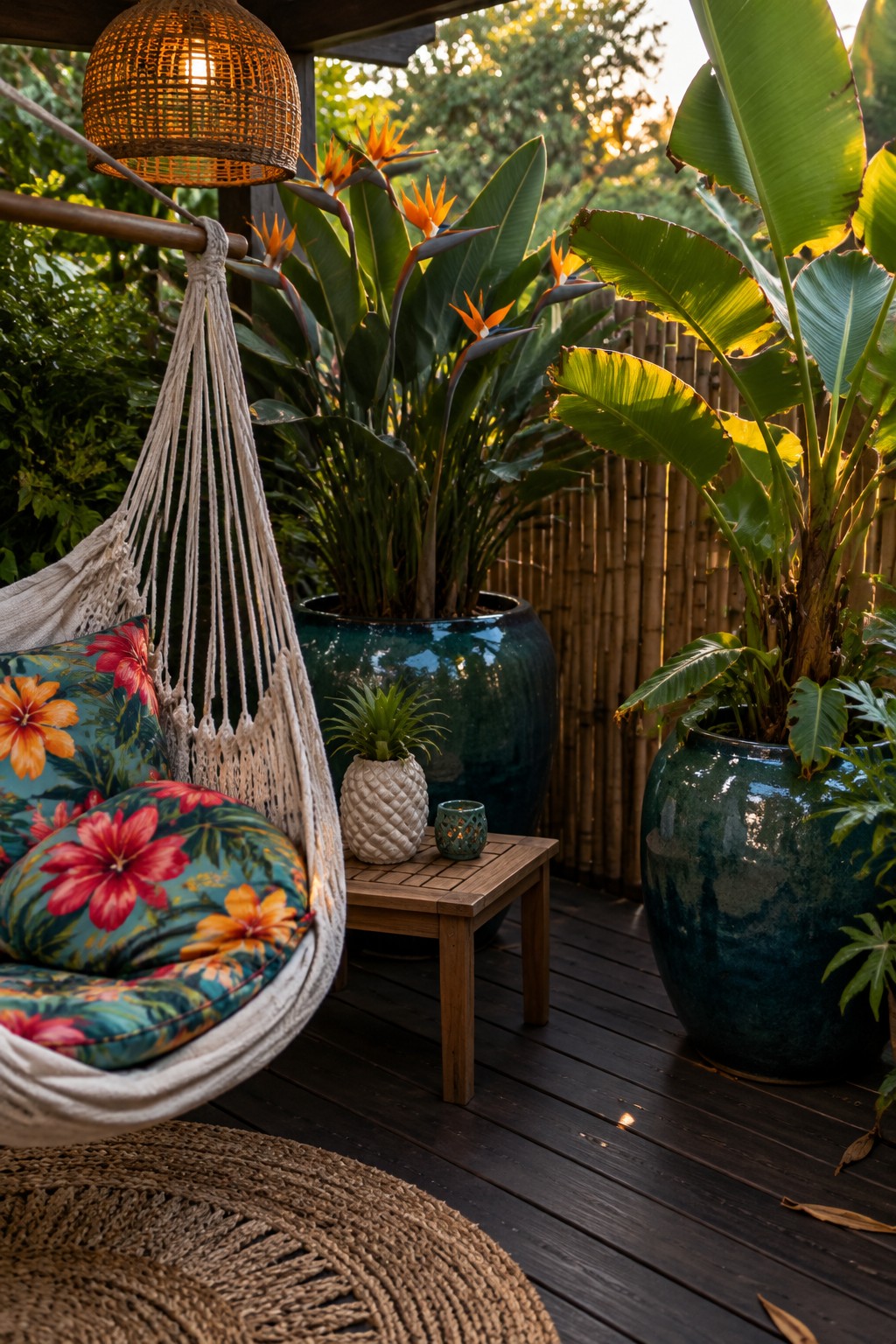 A white hanging chair with floral cushions sits beside large potted bird-of-paradise plants on a dark wooden patio.
