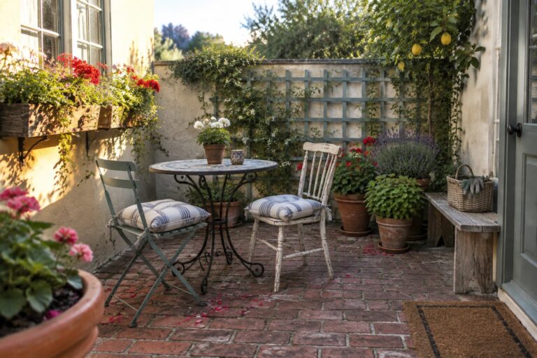 19 Lovely Patio Flower Garden Ideas for Colorful Outdoor Corners A small brick patio with a round table, two chairs, flowering wall planters, and potted flowers.