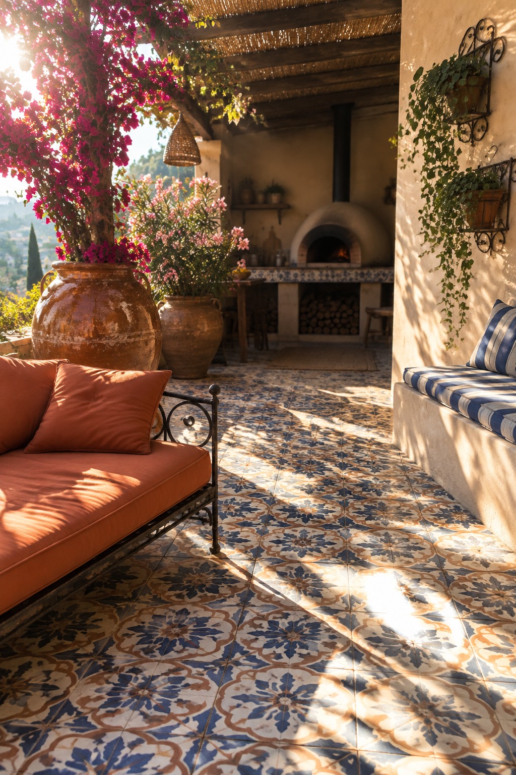 A tiled patio with orange and blue-striped seating, large pots of flowering plants, and bougainvillea growing around a wooden pergola.