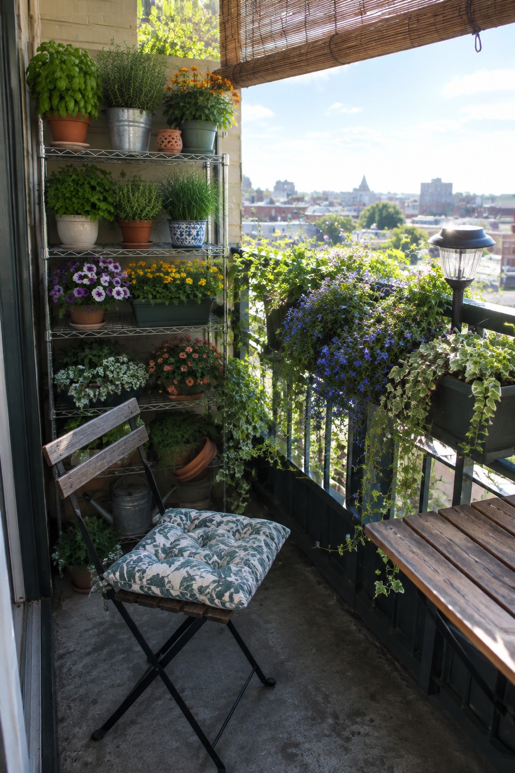 A narrow balcony has a folding chair, a wooden table, and flowering plants in pots and railing planters.