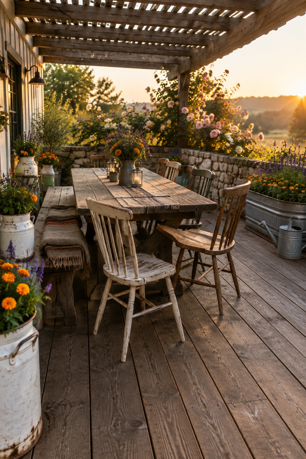 A wooden patio dining table and chairs sit beneath a pergola beside flower-filled planters and a low stone wall.