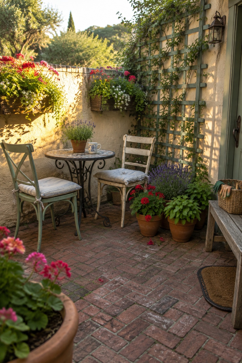 A small brick patio with a round table, two chairs, flowering wall planters, and potted flowers.