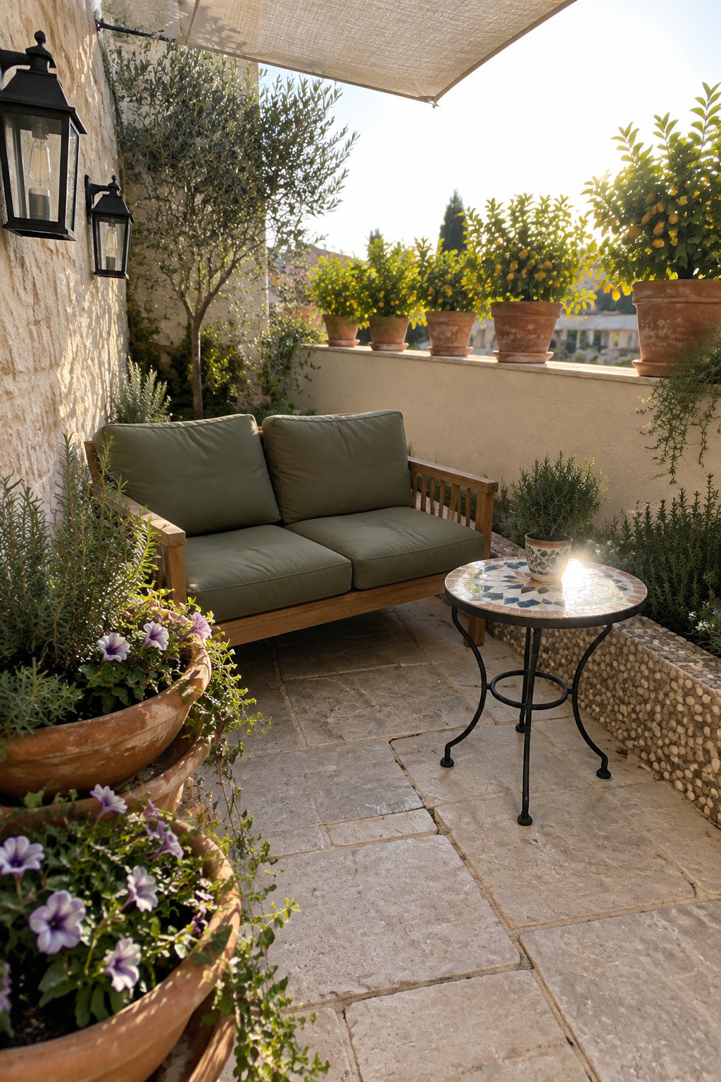 A small stone patio with a wooden loveseat, a mosaic-top table, and terracotta pots of flowers and shrubs.