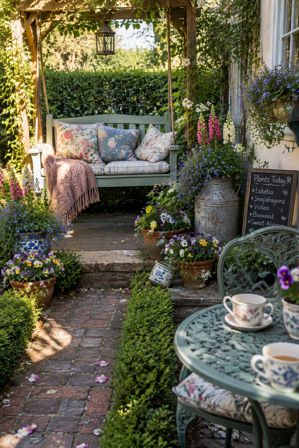 A brick path leads past flower pots to a green garden bench beneath a wooden arbor.