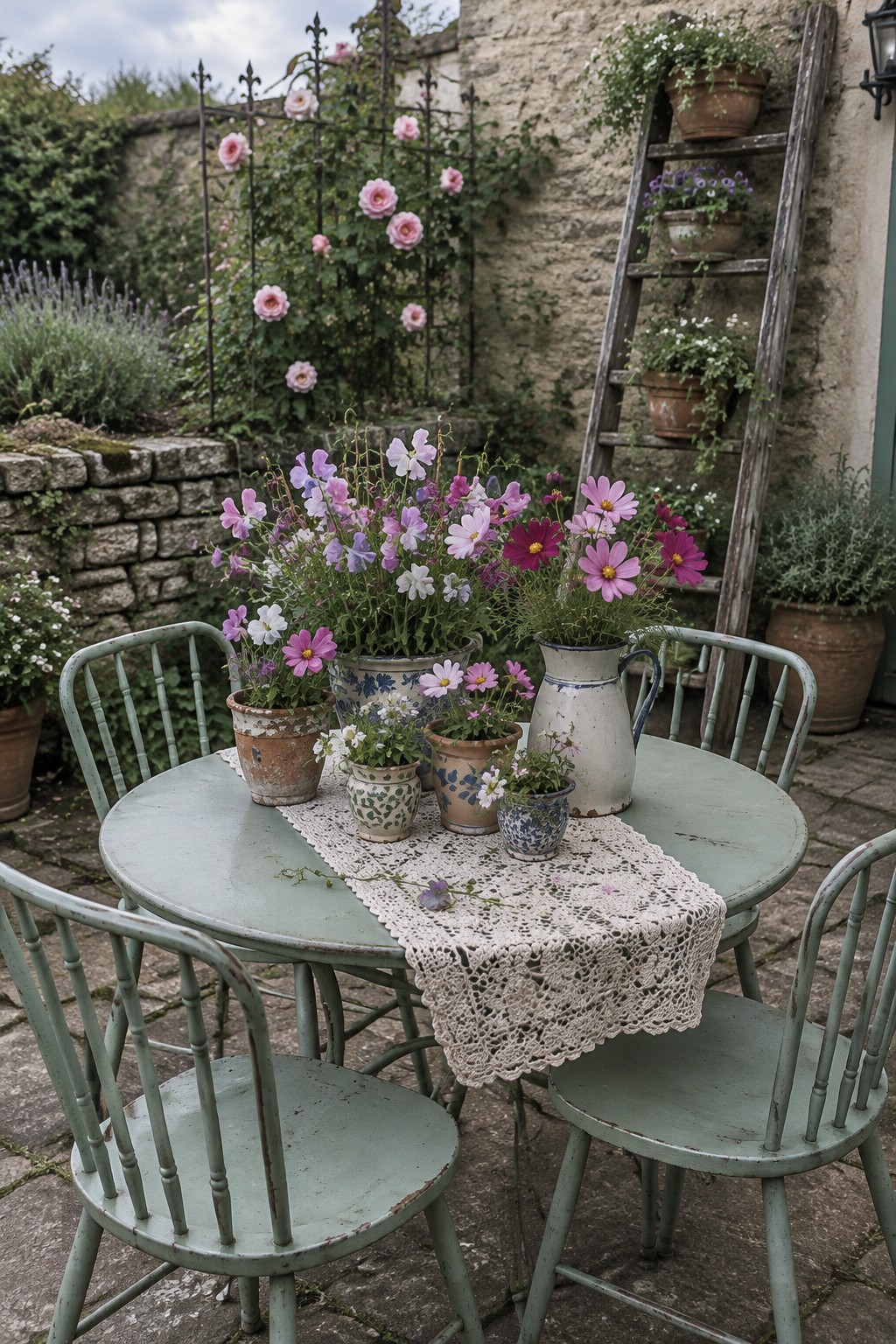 A pale green round patio table with flowerpots and a lace runner sits among matching chairs in a stone courtyard garden.