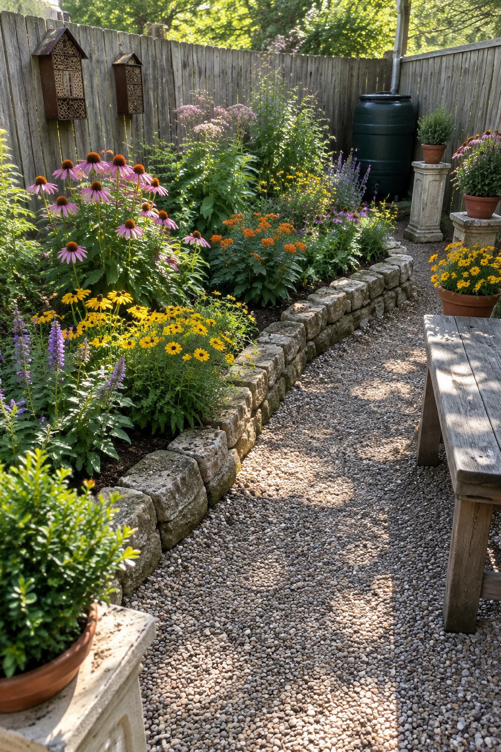 A gravel path curves beside a flower bed edged with rough stone blocks, with pink coneflowers and yellow daisies.