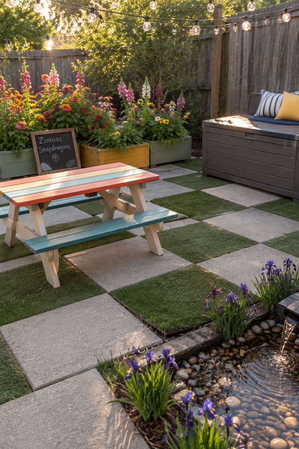 Raised flower beds border a paved backyard patio with a picnic table, storage bench, string lights, and a small pond.