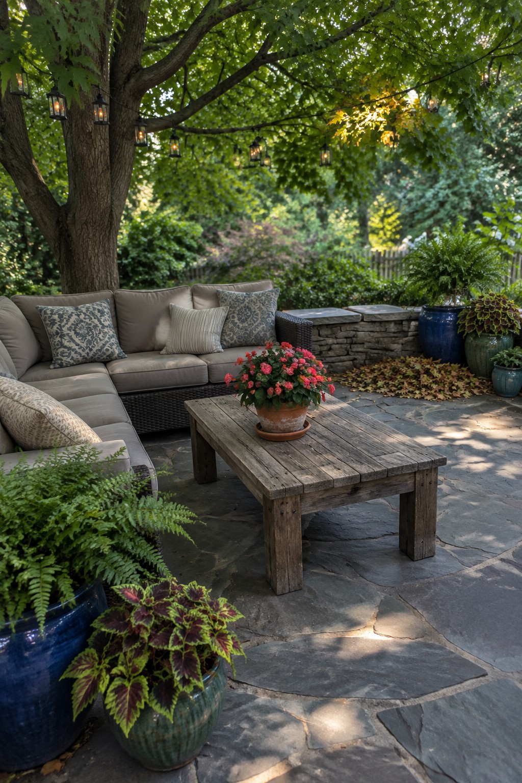 A stone patio with cushioned sectional seating, a wooden coffee table holding pink flowers, and leafy plants in large pots.