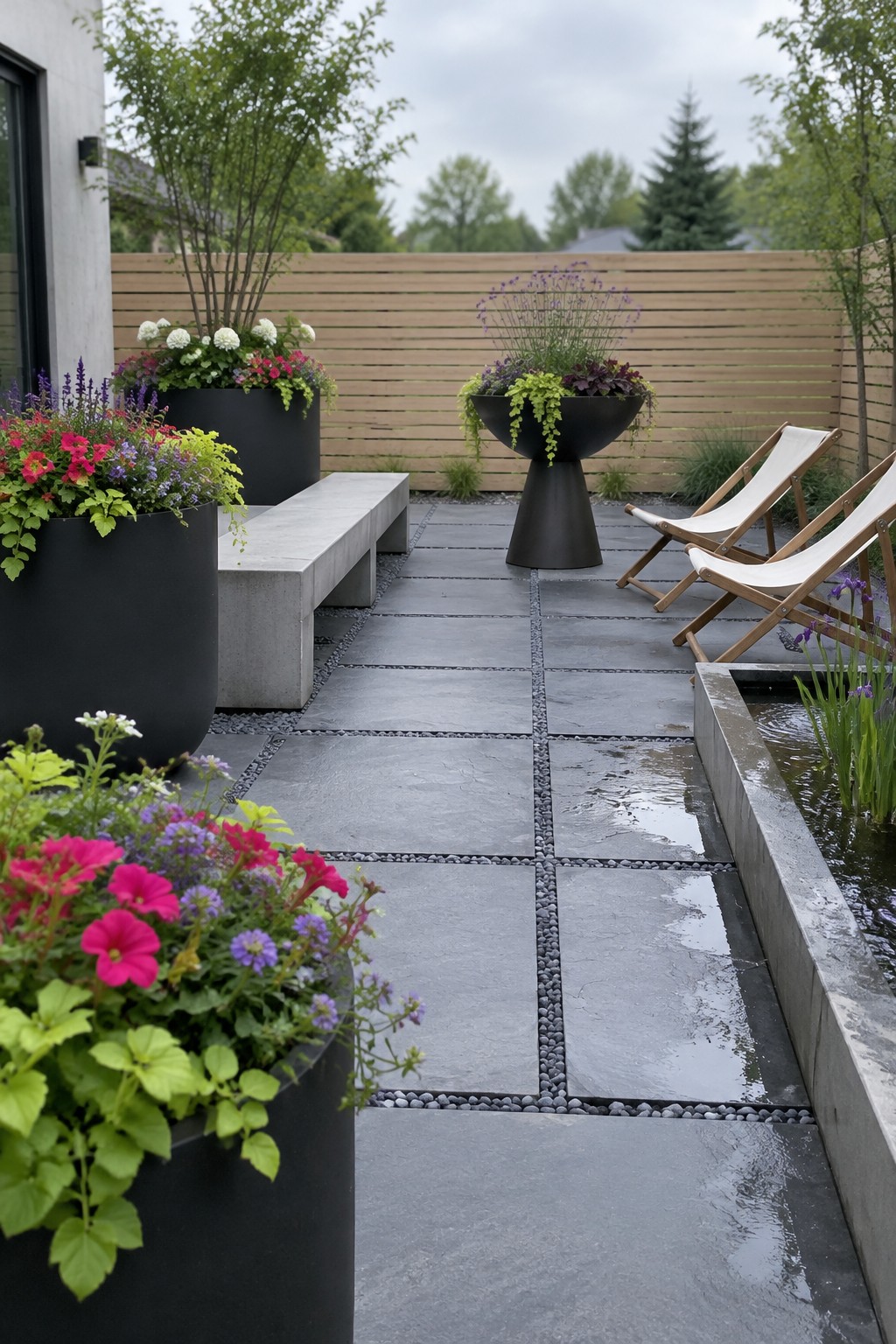 Large black planters filled with colorful flowers sit beside a gray stone patio with a concrete bench, wooden chairs, and a narrow water feature.