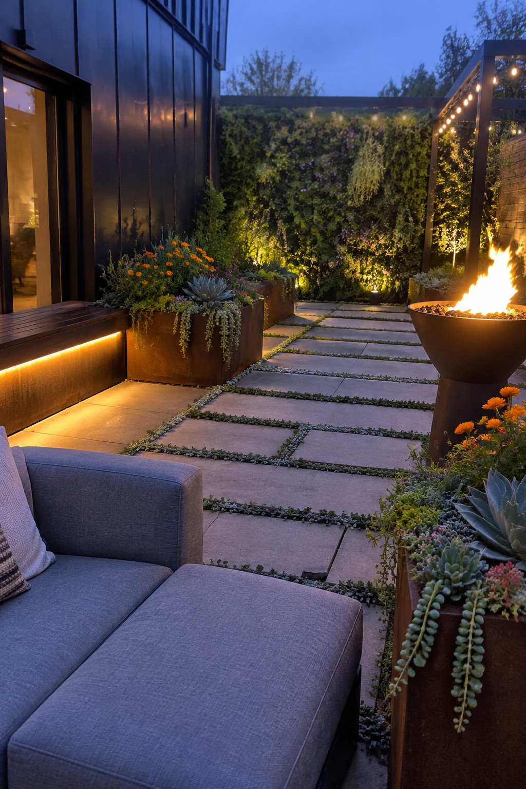 A paved patio has raised flower planters beside a gray outdoor sofa and a lit fire bowl.