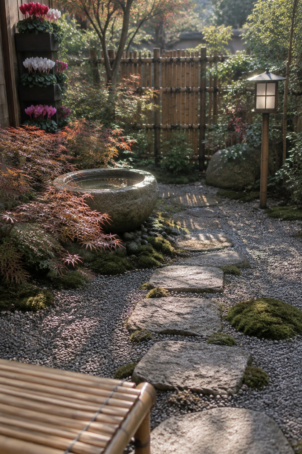 Flat stone stepping stones cross a gravel garden path beside a round stone basin, moss, and flowering plants.