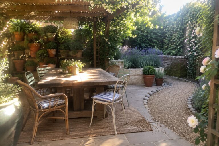 19 Lush Patio Garden Ideas Designed for Layered Greenery and Natural Privacy A wooden pergola covered in flowering vines shades a patio dining table and chairs beside a stone path and raised garden bed.