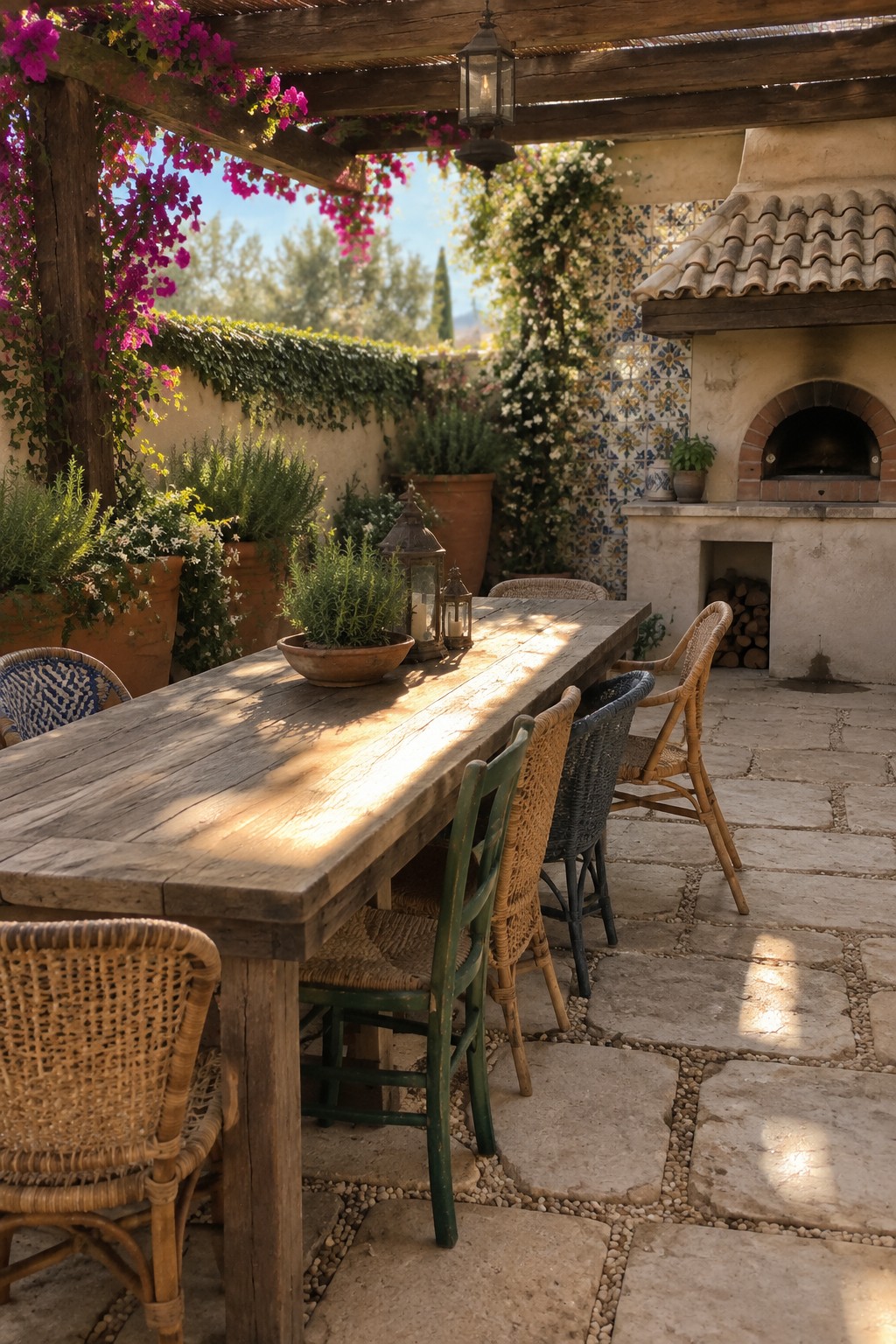 A long wooden dining table and woven chairs sit beneath a pergola in a stone courtyard with climbing plants and a built-in outdoor oven.