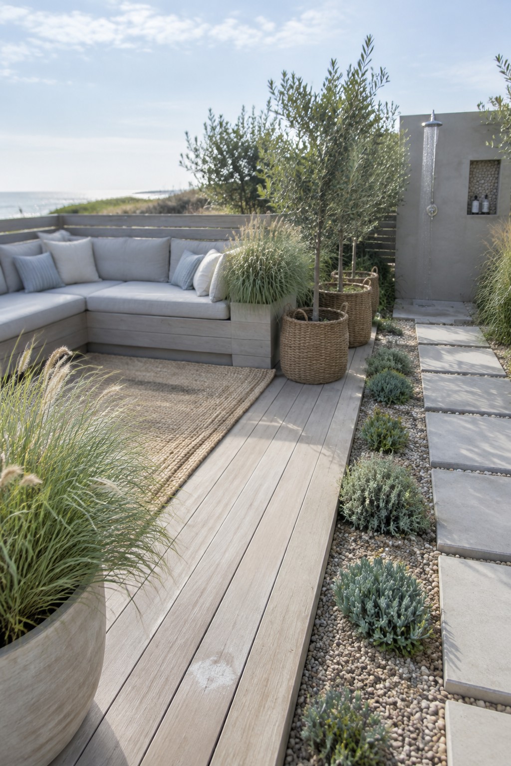An L-shaped cushioned patio bench sits beside a wooden deck, potted olive trees, and a stone path.