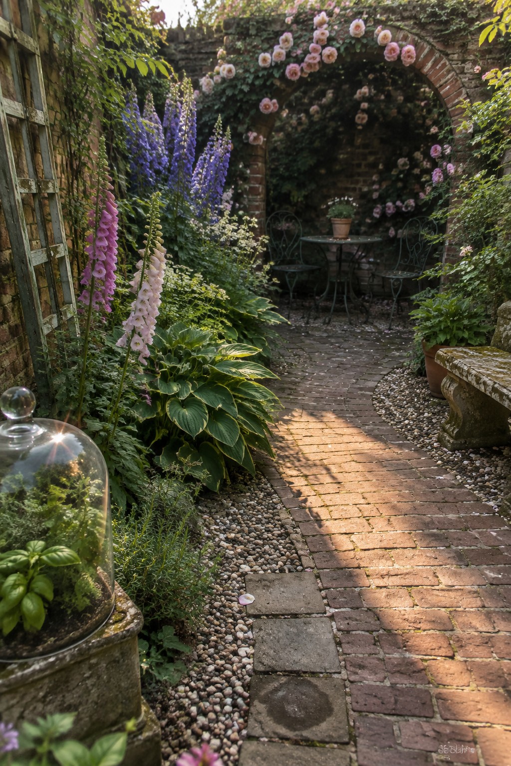 A curved brick path passes through a garden with tall flowers, leafy plants, and a small table and chairs beneath a brick arch.