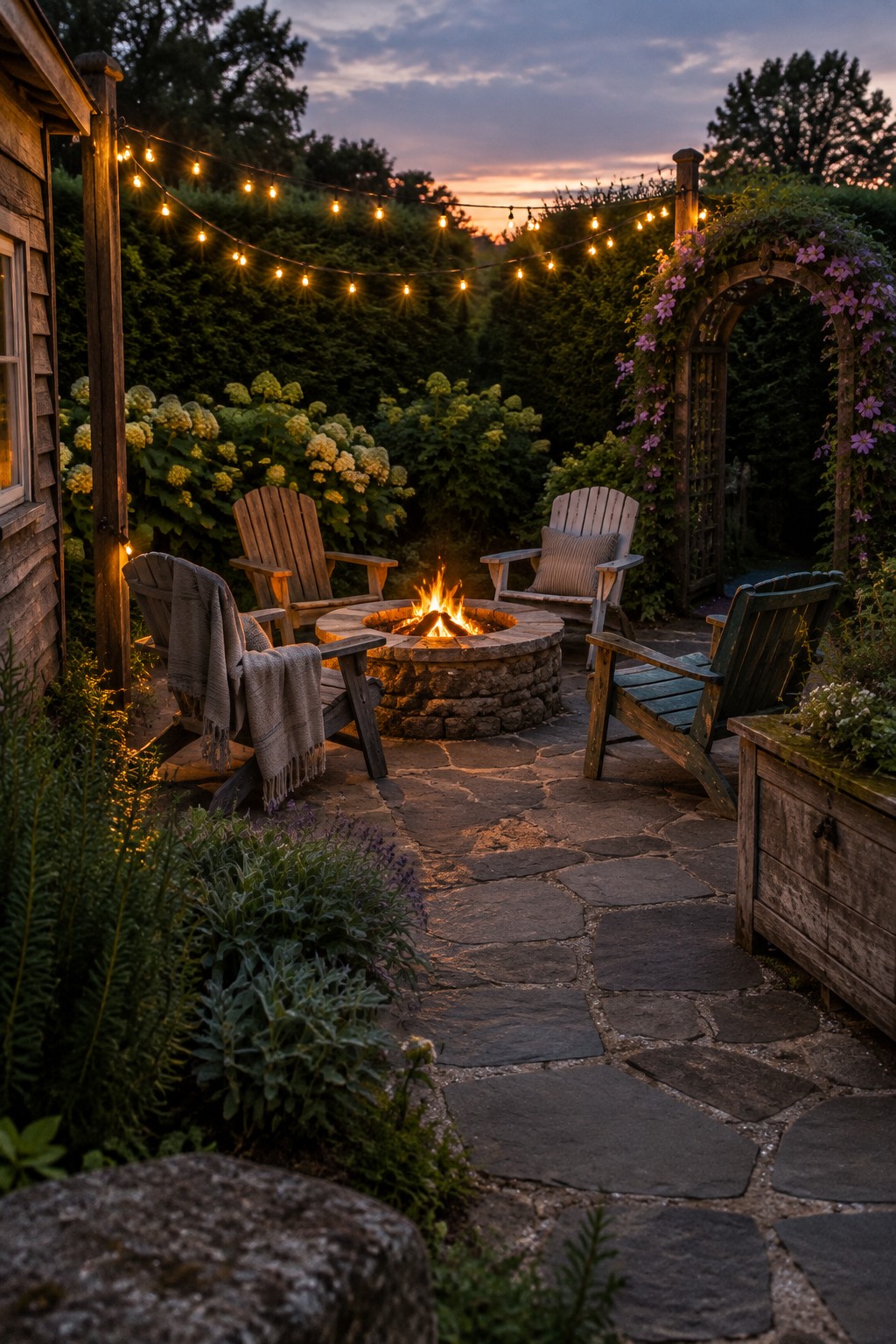 Four wooden chairs surround a round stone fire pit on a garden patio with string lights overhead.