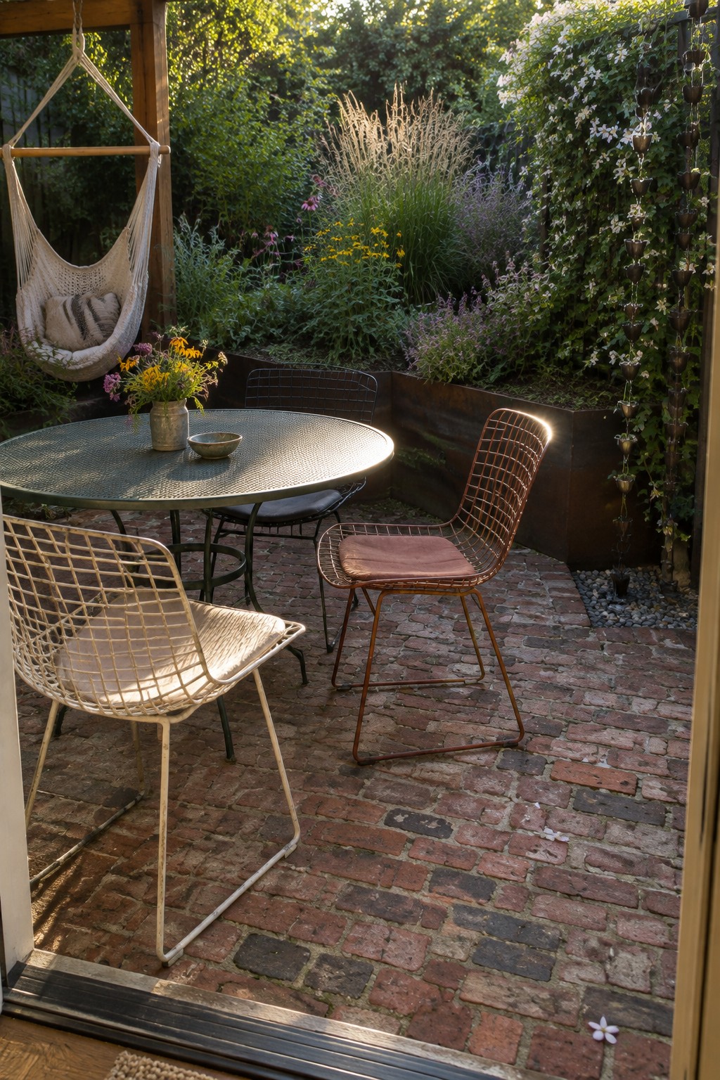 A round metal table and wire chairs sit on a brick patio beside raised garden beds, with a hammock hanging from a wooden pergola.