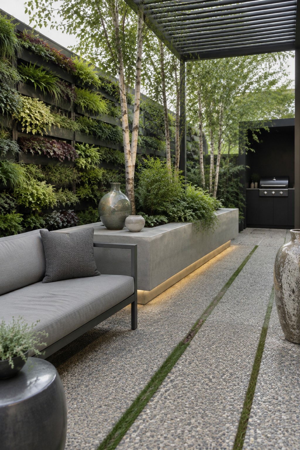 A narrow patio with a layered green wall, built-in concrete planters, a sofa, and a pergola.