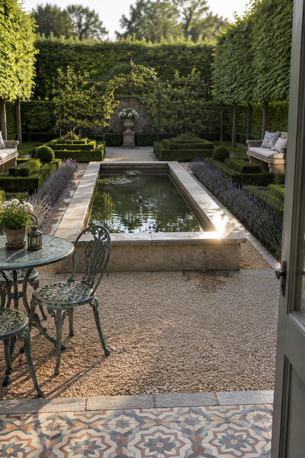 A rectangular stone-edged pool sits among clipped hedges and lavender in a walled garden, with a small metal table and chairs nearby.