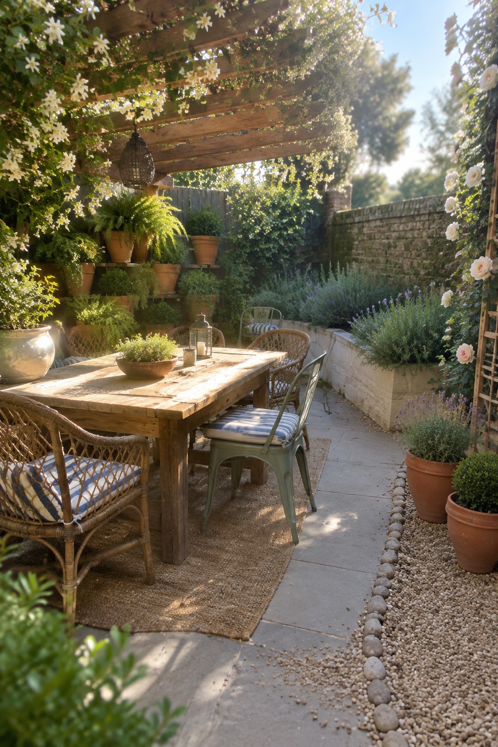 A wooden pergola covered in flowering vines shades a patio dining table and chairs beside a stone path and raised garden bed.