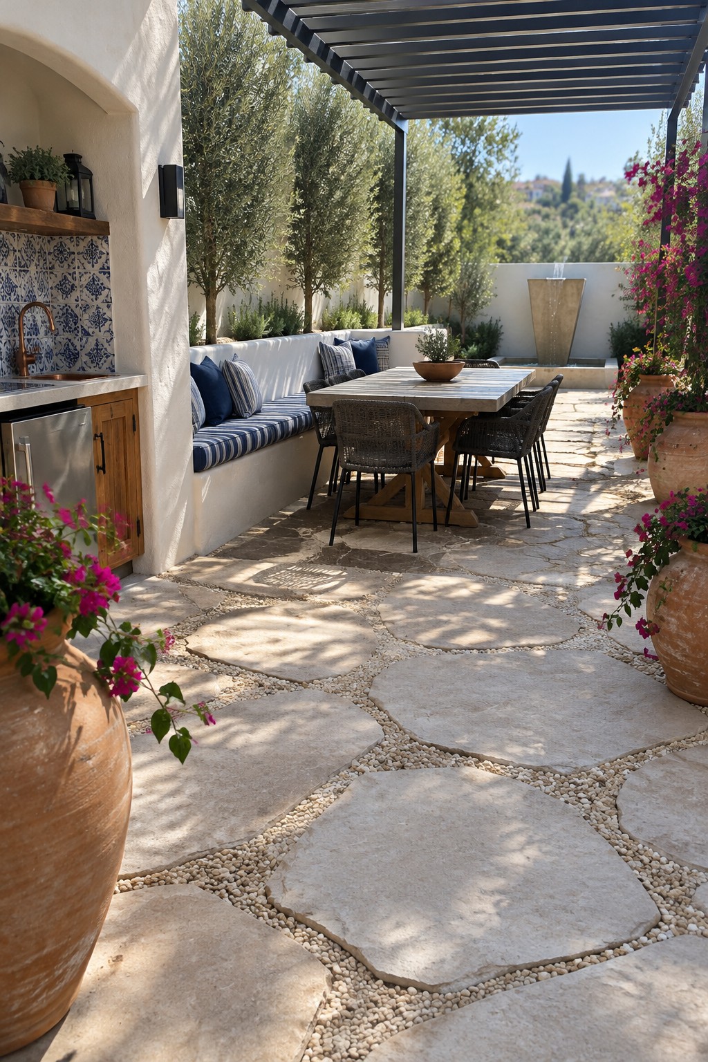 A stone patio with a dark pergola over a dining table, built-in cushioned seating, and potted flowers.