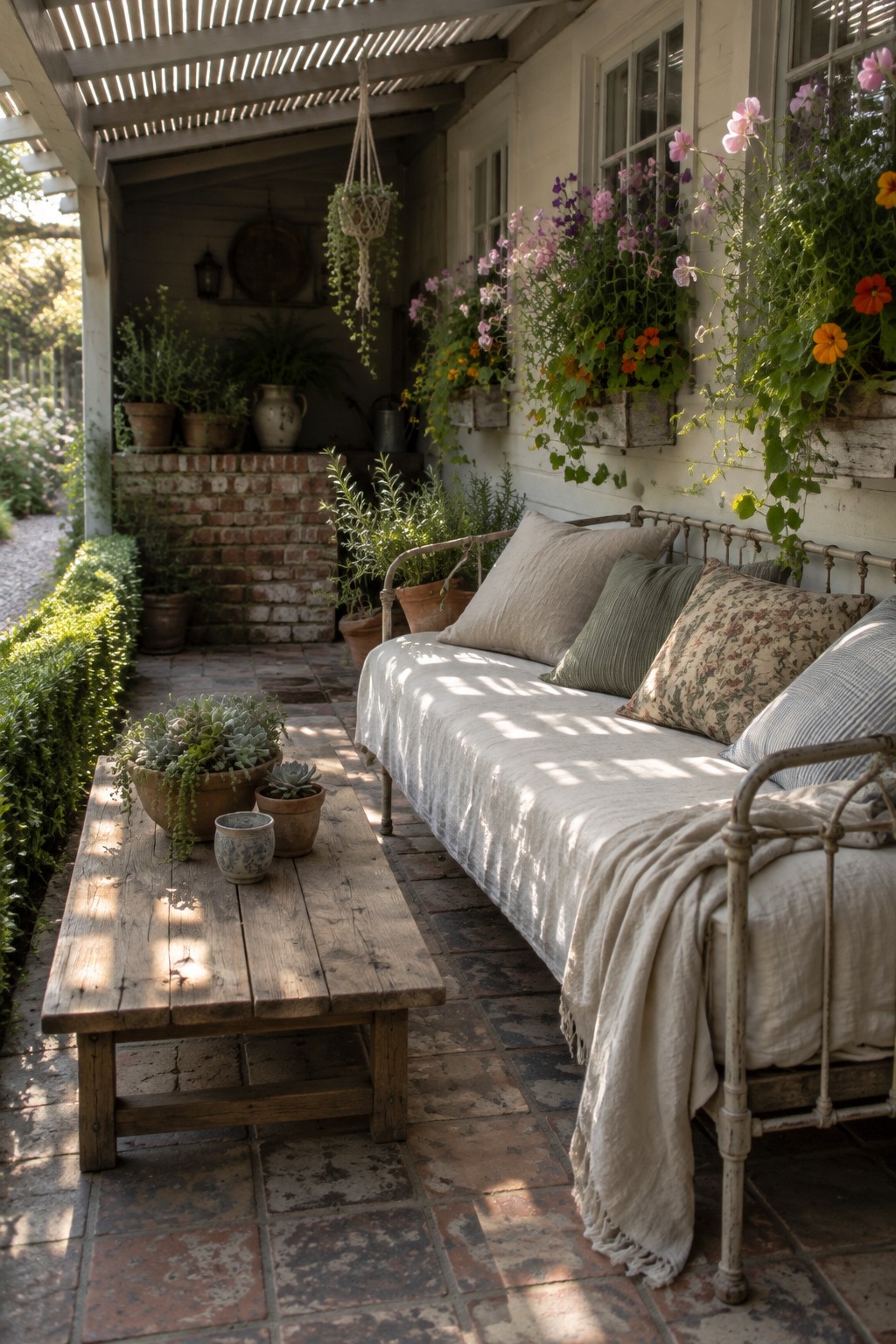 A white iron daybed with cushions sits on a brick-floored covered porch beside a wooden coffee table and flowering window boxes.