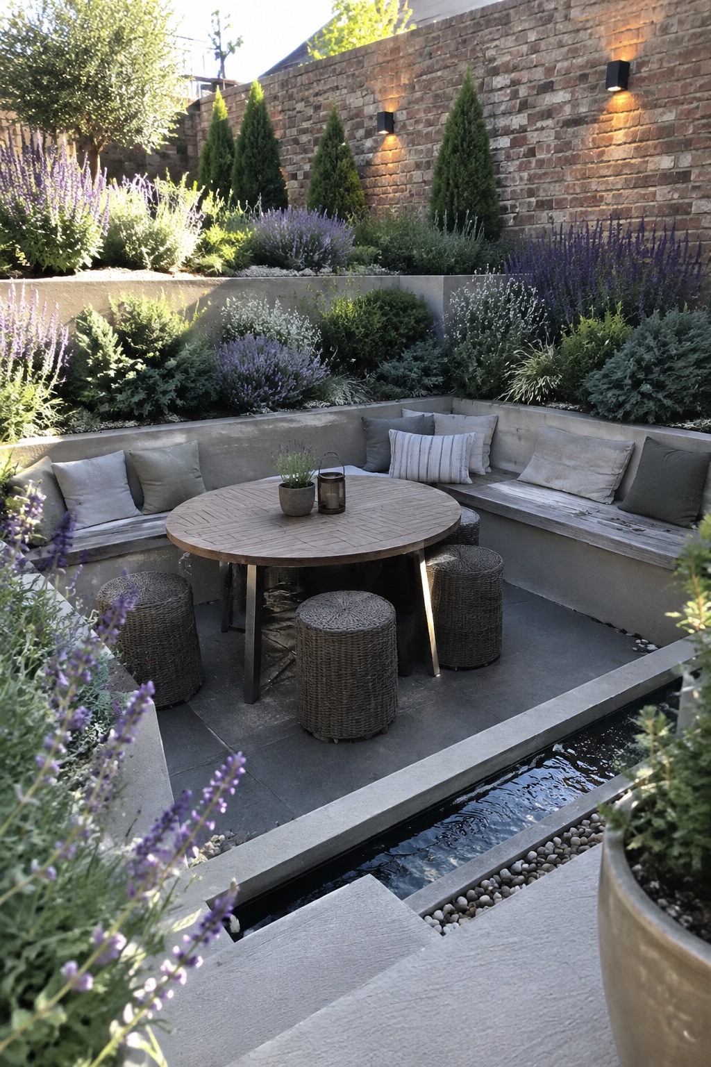 A sunken gray stone patio with a built-in bench, round wooden table, woven stools, planted beds, and a narrow water channel.