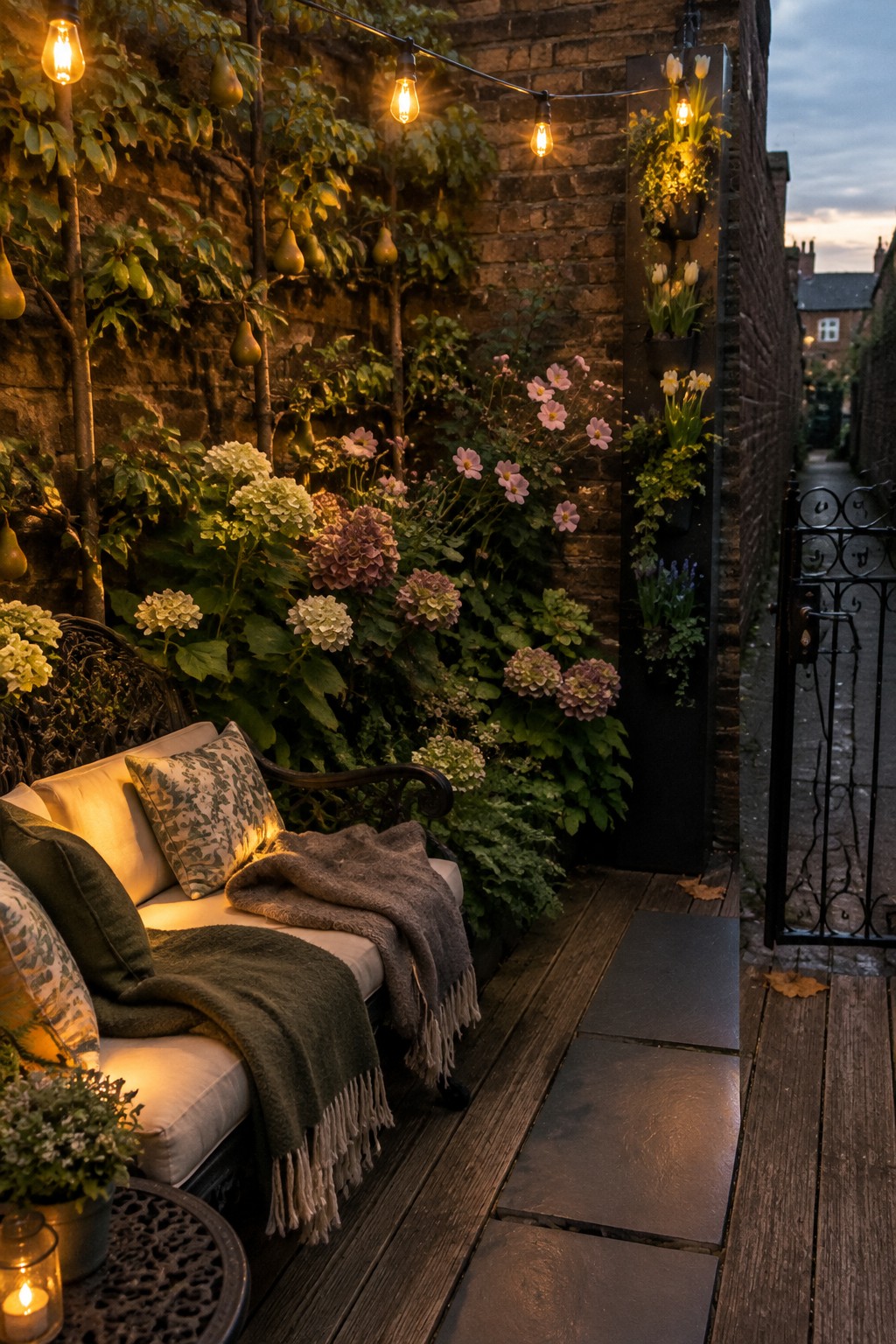A narrow brick patio has a cushioned sofa beside a wall of climbing greenery and flowers, with string lights overhead.