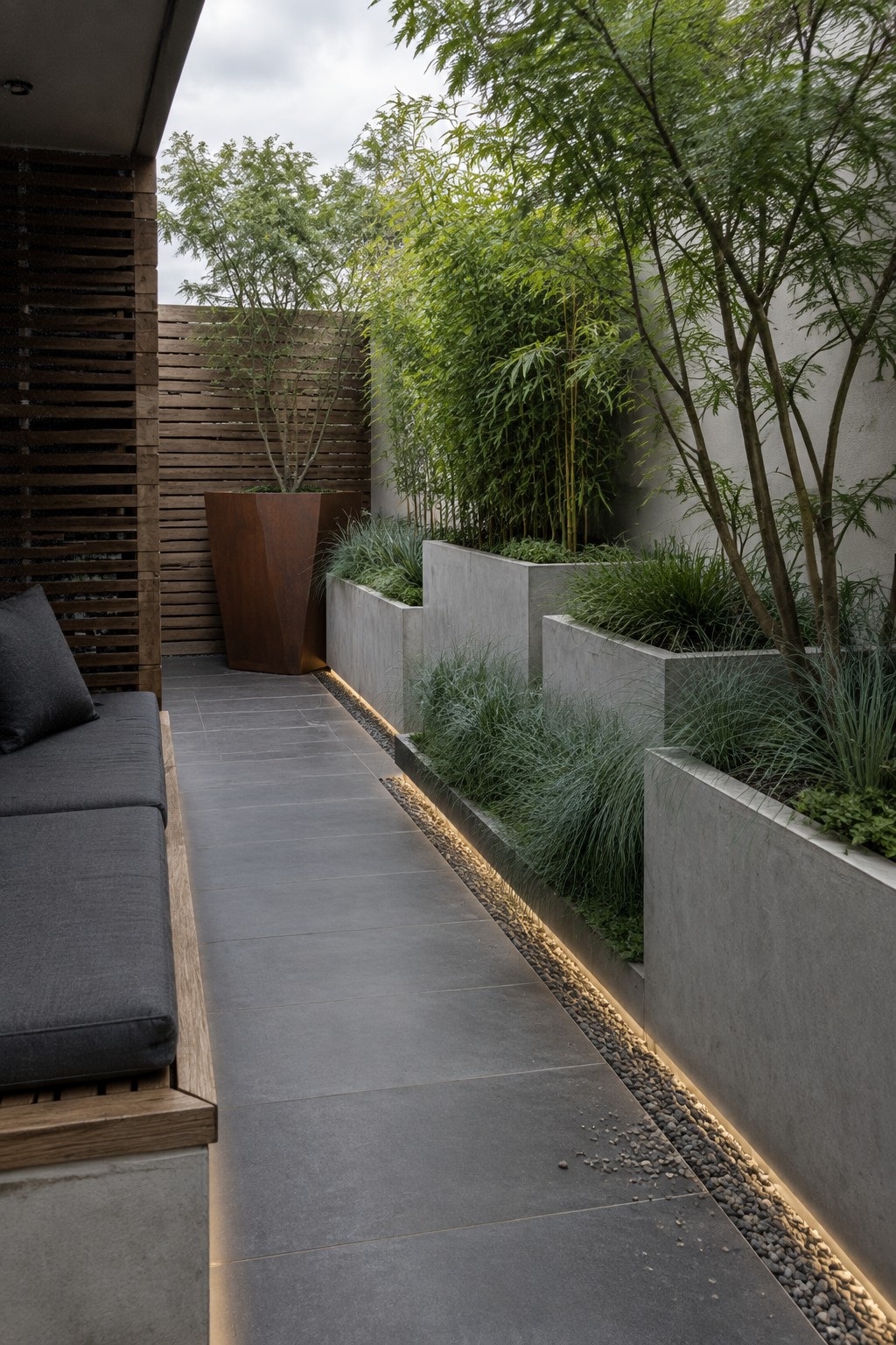 A narrow patio with tiered concrete planters filled with grasses, bamboo, and small trees beside a paved walkway and outdoor sofa.