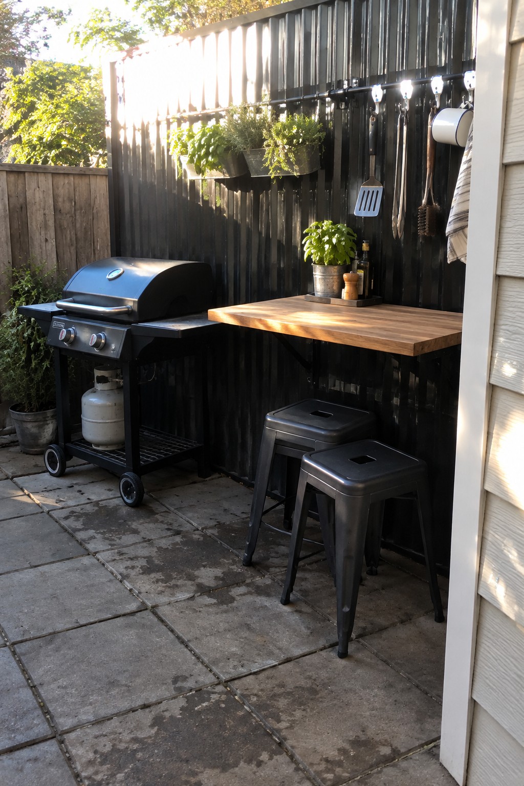 A small patio with a wall-mounted wooden counter, two metal stools, and a barbecue grill.