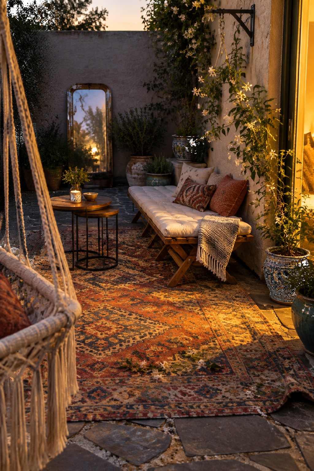 A cushioned wooden bench and small round tables sit along a patio wall, beside a patterned outdoor rug and potted plants.