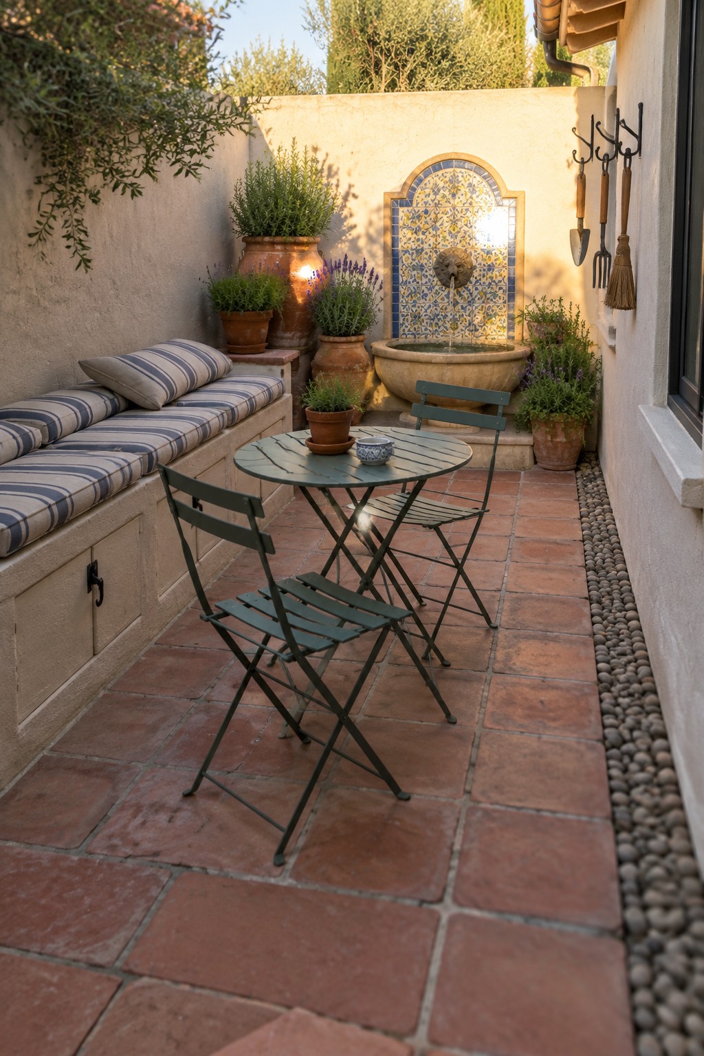 A small terracotta-tiled patio with a built-in cushioned bench, round folding table, folding chairs, potted plants, and a tiled wall fountain.