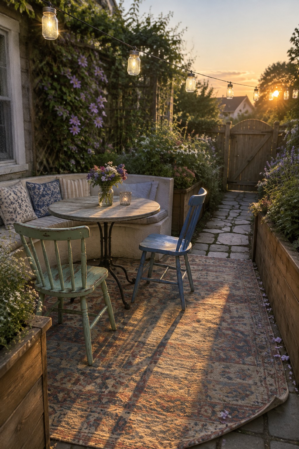 A small garden patio with a round table, built-in bench, two chairs, string lights, and a stone path.
