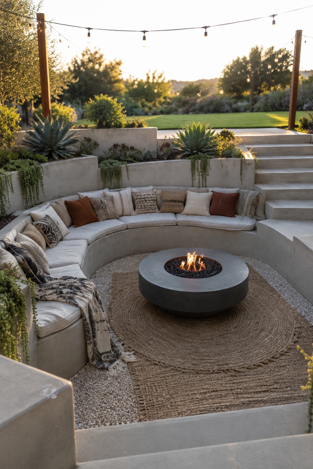 A curved built-in patio bench surrounds a round fire pit, with steps leading up to a lawn.