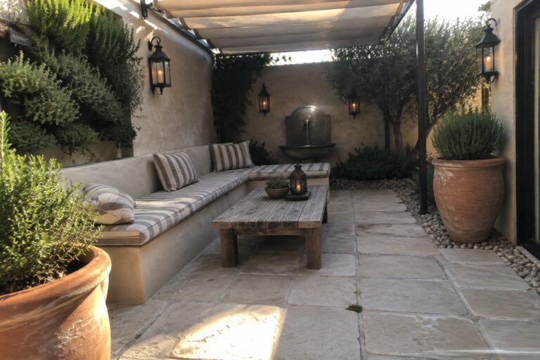 19 Smart Patio Garden Design Ideas That Improve Flow and Everyday Use A stone patio with an L-shaped cushioned bench, a wooden coffee table, a fabric shade canopy, and a clear walkway leading to a wall fountain.