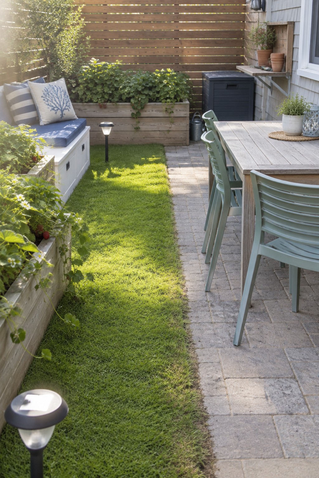 A narrow backyard patio has a paved walkway beside a strip of lawn, with a dining table and chairs along the house and a bench at the far end.