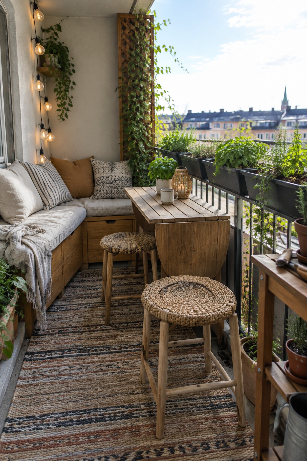 A narrow balcony has a wooden table, stools, built-in bench seating, and planter boxes along the railing.