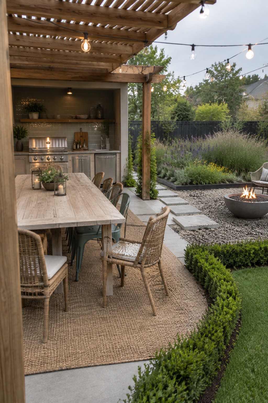 A wooden dining table sits beneath a pergola beside an outdoor kitchen, with a fire pit and garden path nearby.