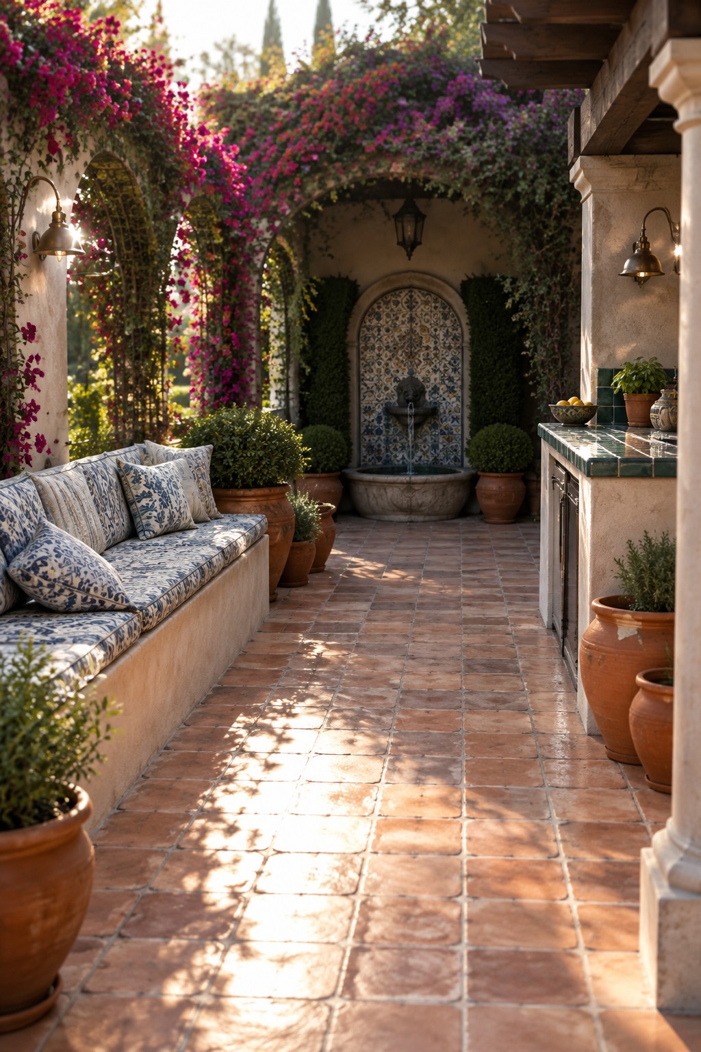 A tiled courtyard patio with built-in cushioned seating on one side, a counter on the other, and a clear walkway leading to a tiled fountain.