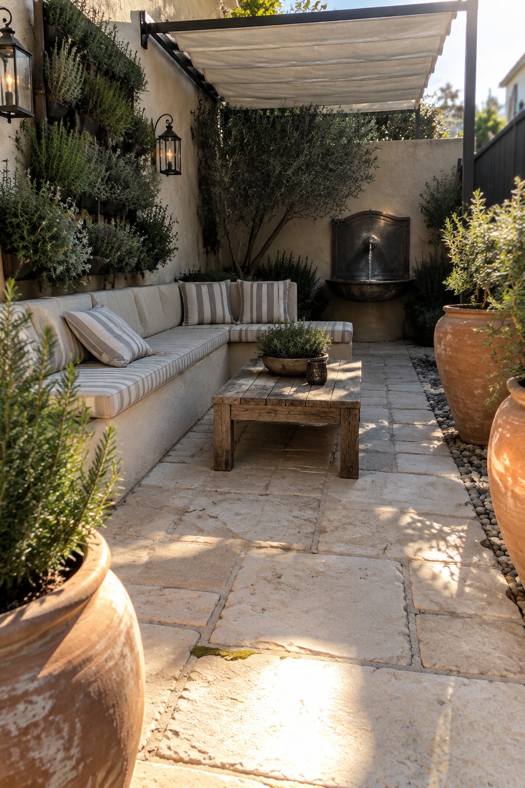 A stone patio with an L-shaped cushioned bench, a wooden coffee table, a fabric shade canopy, and a clear walkway leading to a wall fountain.