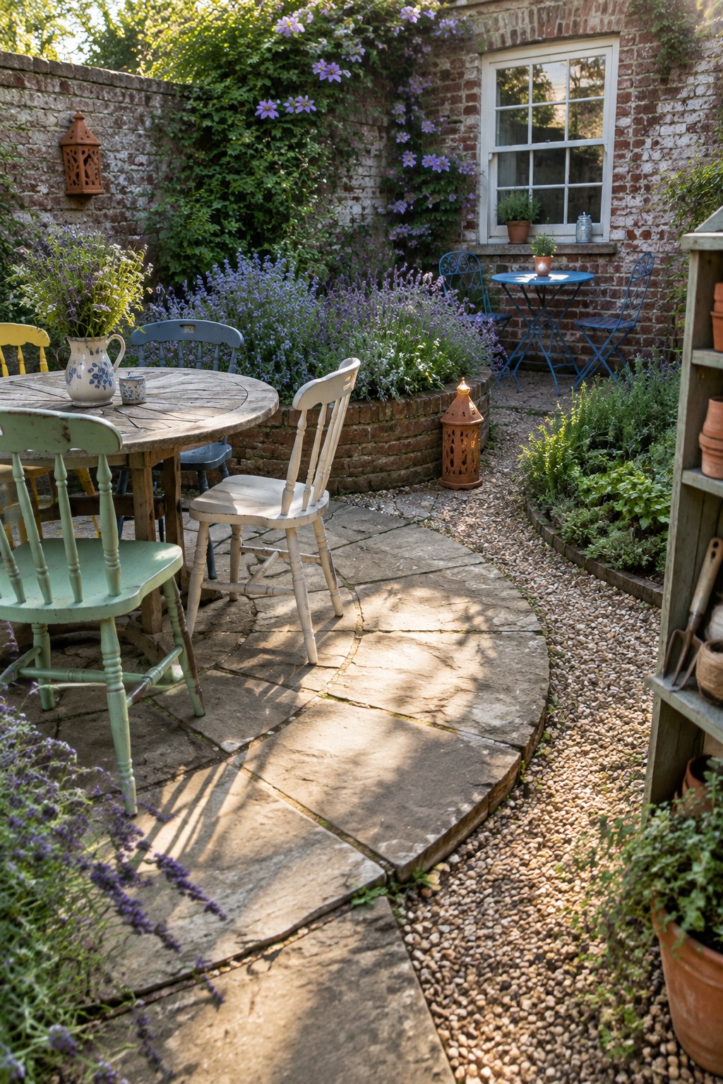 Curved stone slabs wind through a garden patio beside gravel, flower beds, and outdoor seating.