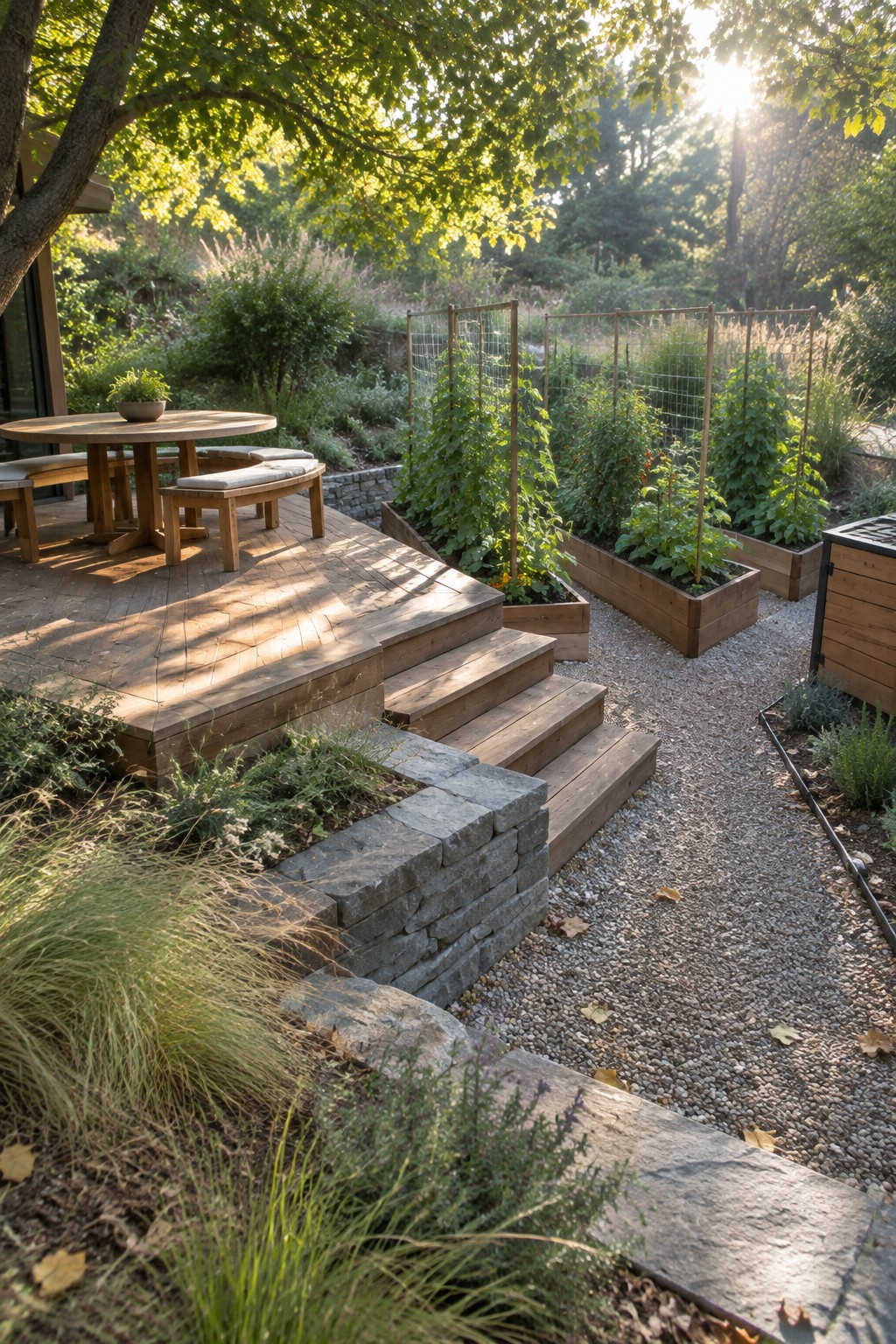 Wooden raised garden beds with trellises sit beside a deck and gravel path.