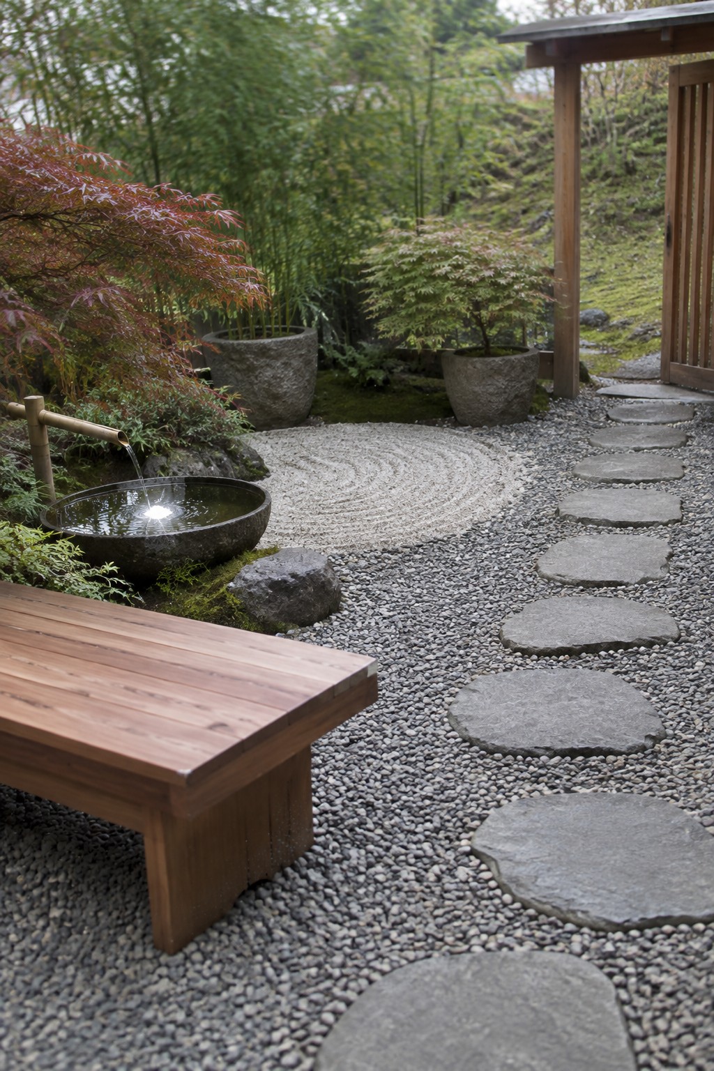 Large flat stepping stones cross a gravel path through a garden with a wooden bench, potted plants, and a small bamboo water feature.