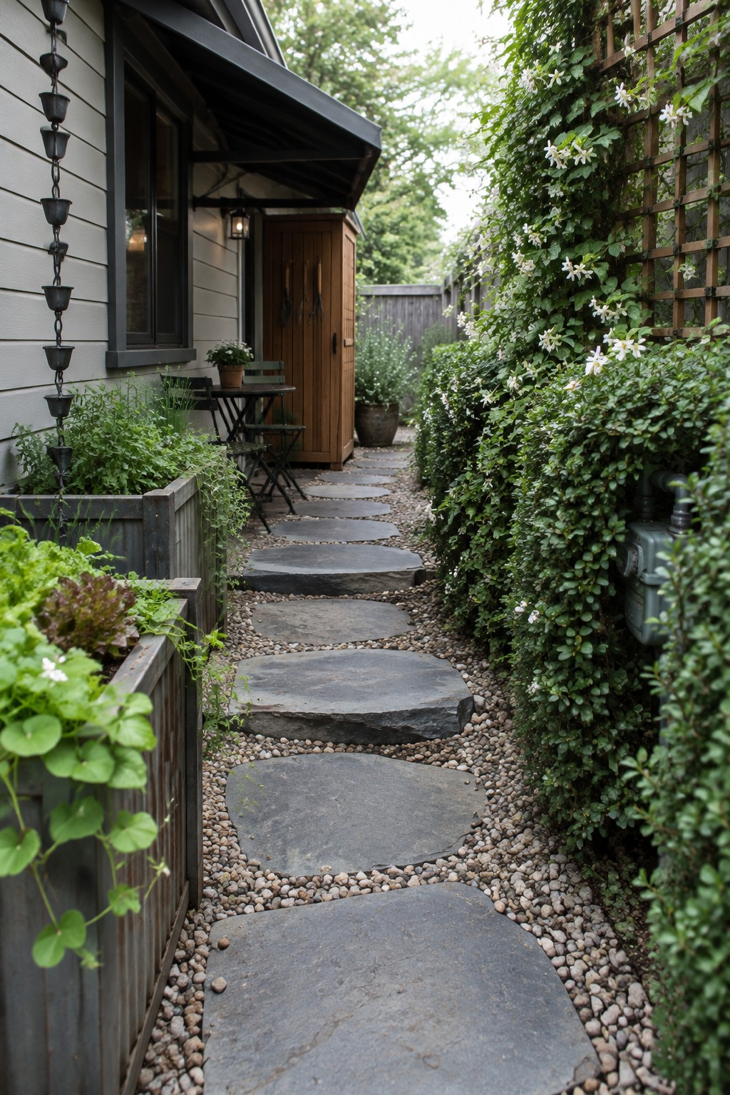 Large gray stepping stones set in gravel form a path beside a house, with a raised planter on one side and a flowering vine on a wooden trellis on the other.