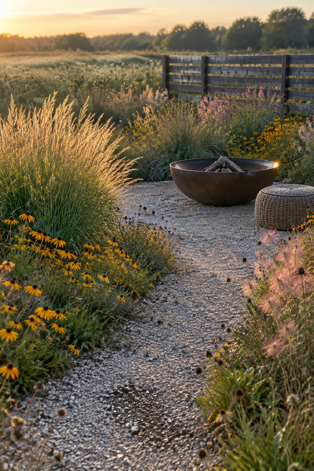 A gravel path runs through garden beds of grasses and flowers beside a metal fire bowl and wooden fence.