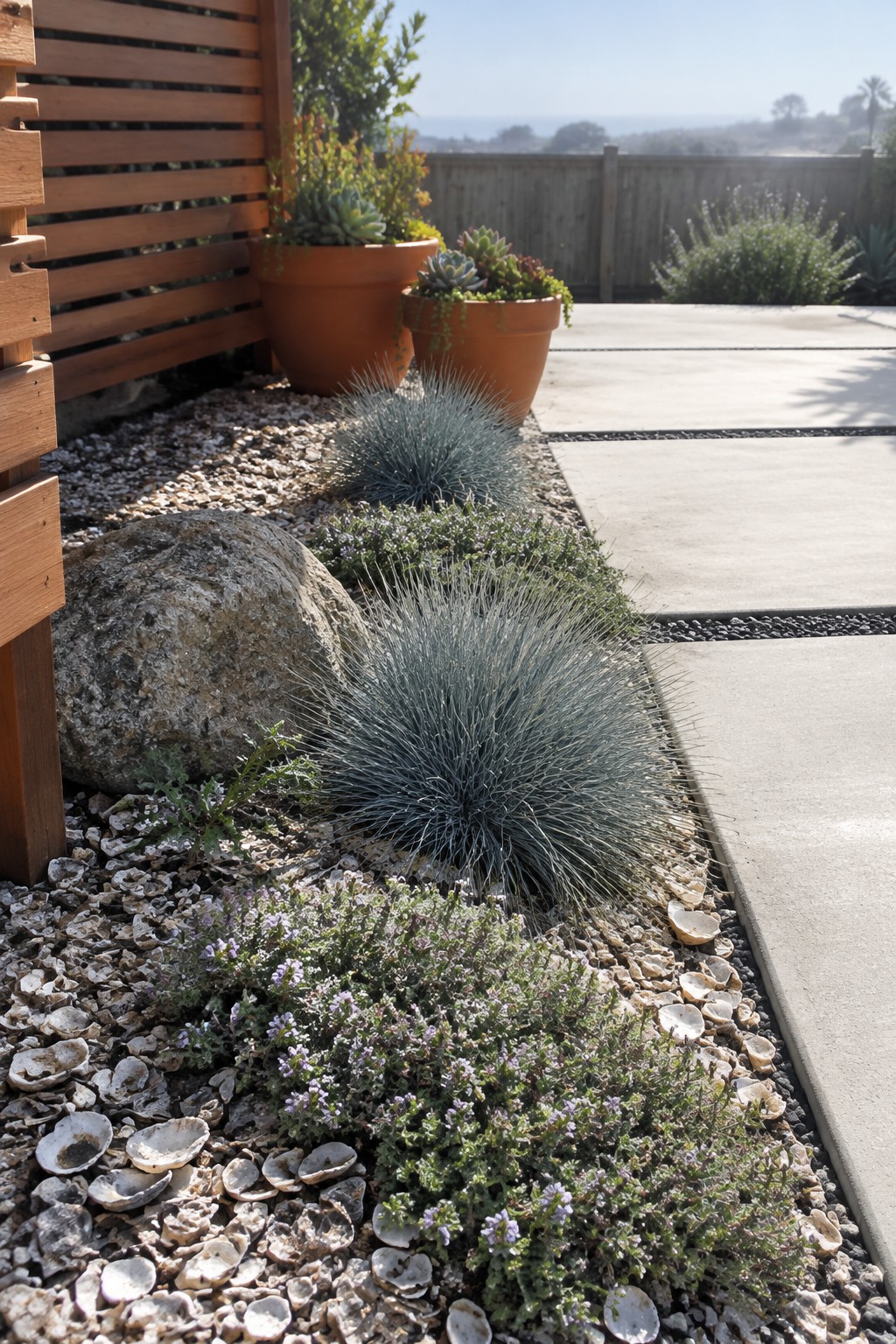 Low flowering ground cover and blue-gray ornamental grasses grow in a gravel bed beside a concrete paver path.
