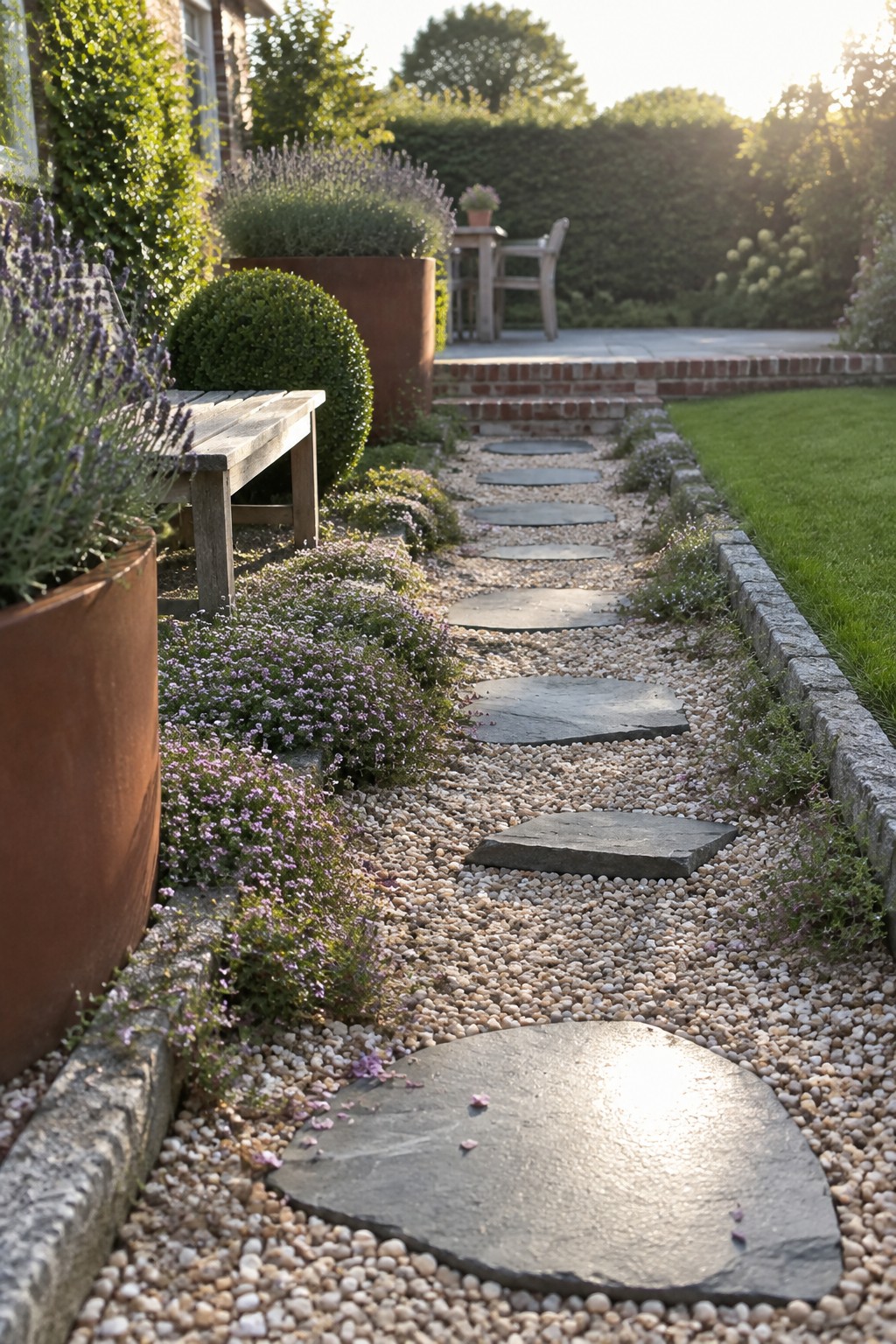 A gravel garden path with large stepping stones bordered by low flowering plants and stone edging.