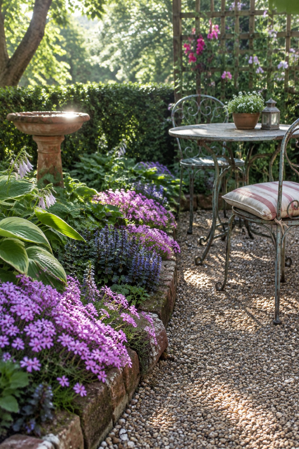 Purple ground-cover flowers grow along a low stone border beside a gravel path in a garden with a table and chairs.